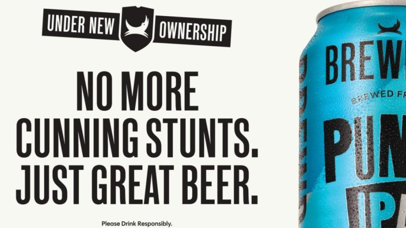 BrewDog Punk IPA can and beer glass next to Under New Ownership: No More Cunning Stunts. Just Great Beer.