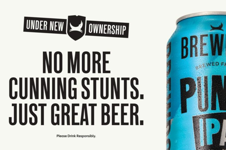 BrewDog Punk IPA can and beer glass next to Under New Ownership: No More Cunning Stunts. Just Great Beer.