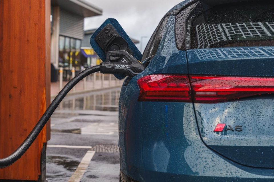 Rear of a blue Audi A6 electric vehicle charging in the rain at an HPC station