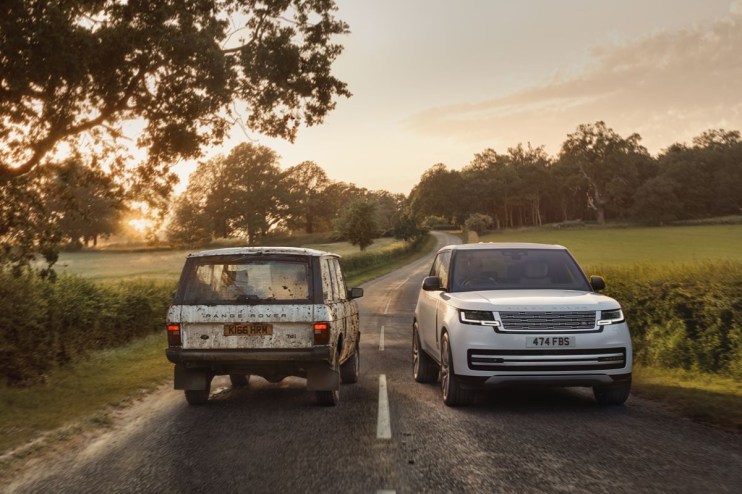 Classic and modern Range Rovers on a country road at sunrise, showcasing design evolution.
