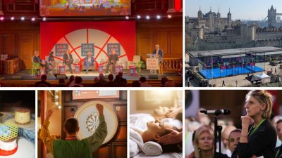 Central London Alliance conference speakers on stage, Tower of London, padel courts, dessert, darts, spa, audience.
