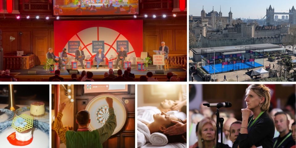Collage: London Alliance event, Tower of London, dessert, darts, massage, and woman observing.