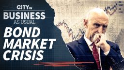 Man in suit looking concerned, with Bond Market Crisis text and financial charts in the background.