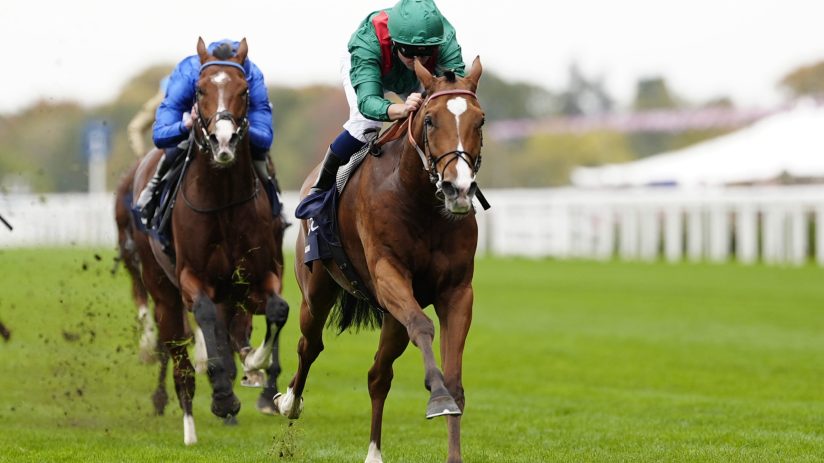 Two racehorses and jockeys in green and blue silks competing on a green turf track.