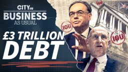 Graphic: Mark Carney, Andrew Bailey, &pound;3 Trillion Debt, IOU stamps, UK Parliament building, Union Jack flag