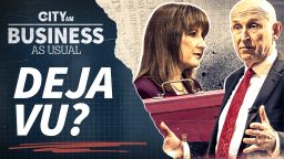 City AM Business As Usual: Deja Vu? graphic with woman, man, and red briefcase