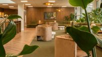 Modern office lounge with green carpet, velvet seating, wood paneling, and plants