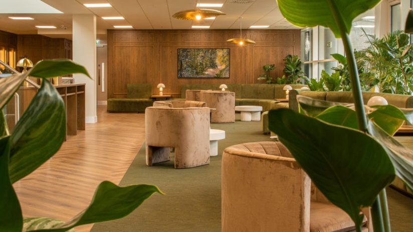 Modern office lounge with green carpet, velvet seating, wood paneling, and plants