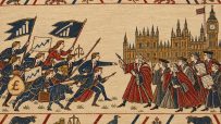 Tapestry depicting business leaders with growth charts and money confronting Westminster officials in front of Parliament.