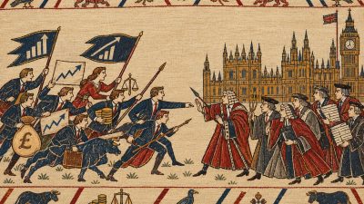Tapestry depicting business leaders with growth charts and money confronting Westminster officials in front of Parliament.