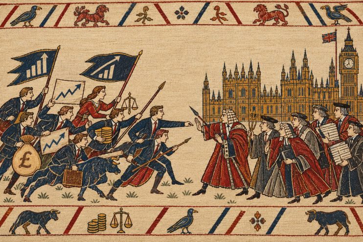 Tapestry depicting business leaders with growth charts and money confronting Westminster officials in front of Parliament.