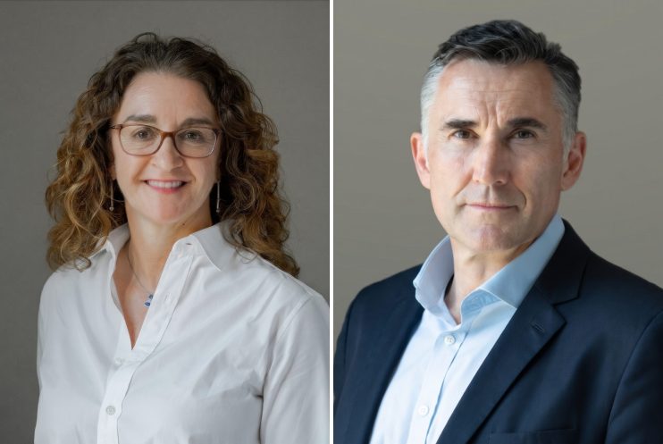 Professional headshots of a smiling woman with curly hair and glasses, and a man in a blue shirt and suit jacket