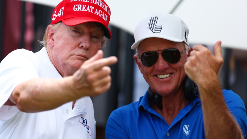 Donald Trump in a red MAGA hat pointing, next to Greg Norman in sunglasses and a white cap, smiling.