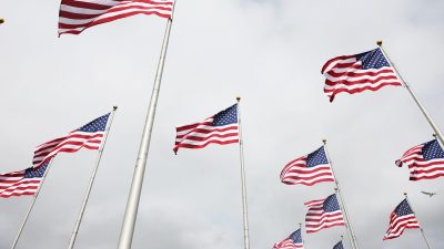Multiple American flags waving against a cloudy sky, symbolizing patriotism and national identity