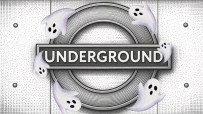 Ghosts surrounding a London Underground sign, suggesting a spooky or haunted theme for the tube.