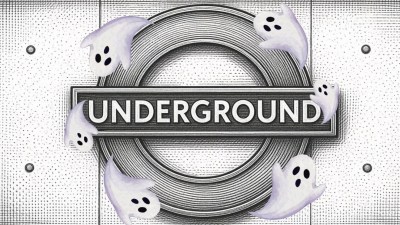 Ghosts surrounding a London Underground sign, suggesting a spooky or haunted theme for the tube.