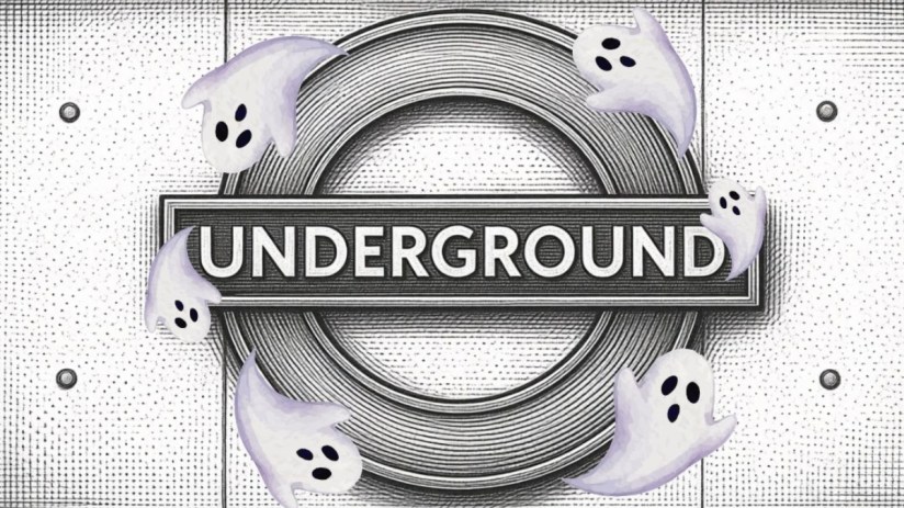 Ghosts surrounding a London Underground sign, suggesting a spooky or haunted theme for the tube.