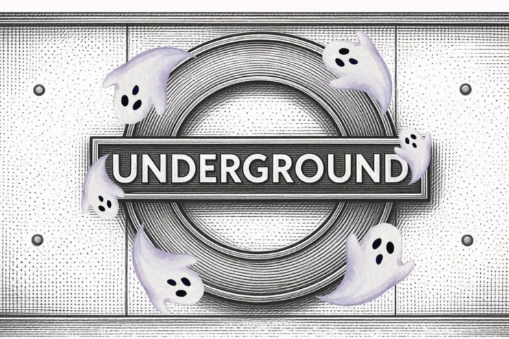 Ghosts surrounding a London Underground sign, suggesting a spooky or haunted theme for the tube.