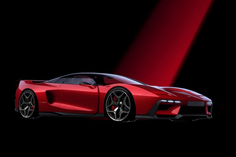 Sleek red sports car with a black roof and modern design, illuminated by a red light on a dark background
