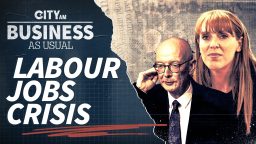 CITYAM graphic: Labour Jobs Crisis with a man in glasses and a red-haired woman, over ripped newspaper text.