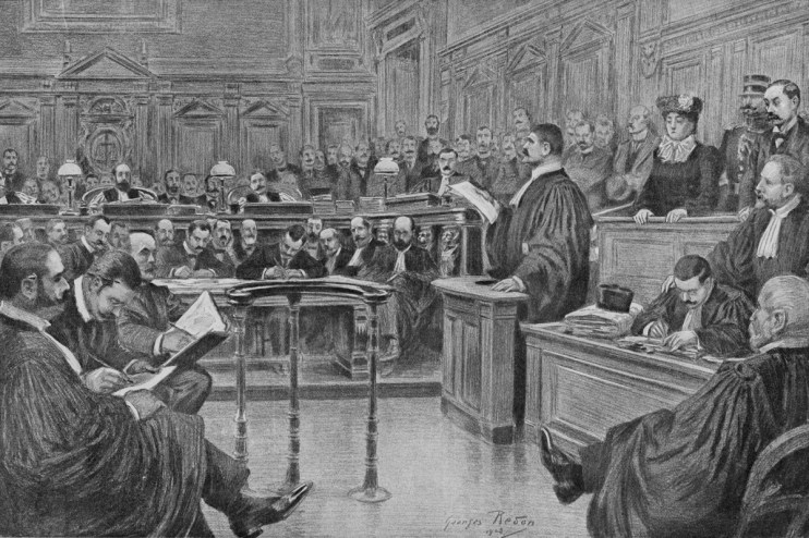 Courtroom sketch: Lawyers and legal professionals in historical court during a trial.