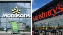 Morrisons storefront with a green Instacart shopping cart and a Sainsburys storefront, side-by-side comparison