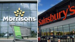 Morrisons storefront with a green Instacart shopping cart and a Sainsburys storefront, side-by-side comparison