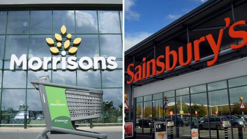 Morrisons storefront with a green Instacart shopping cart and a Sainsburys storefront, side-by-side comparison