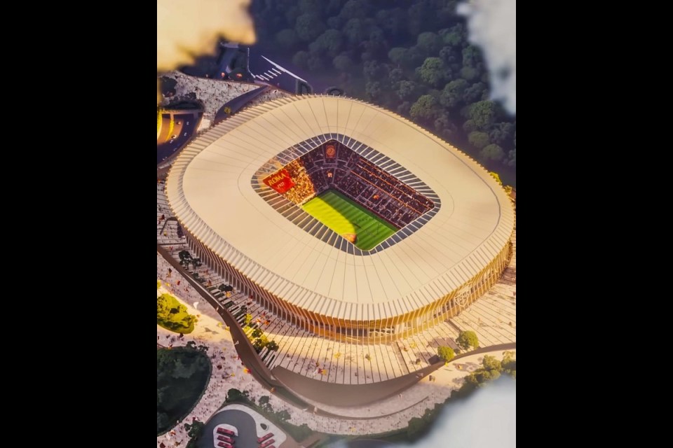 Aerial view of a modern stadium with ROMA 1927 banner and surrounding green landscape, likely a concept design