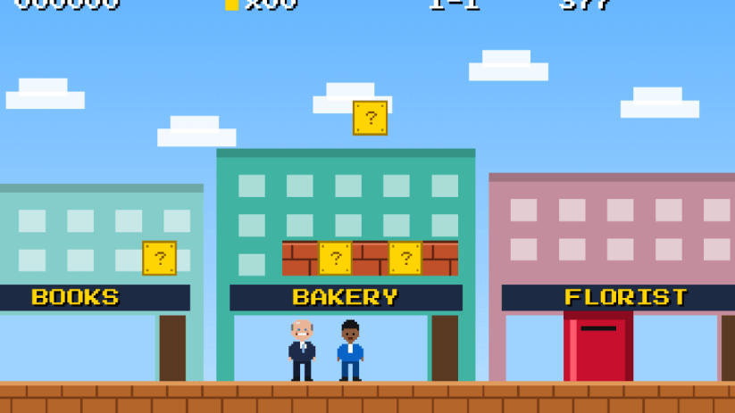 Pixel art video game screen showing a city street with shops and two business figures.