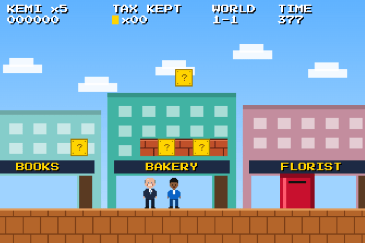 Pixel art video game screen showing a city street with shops and two business figures.