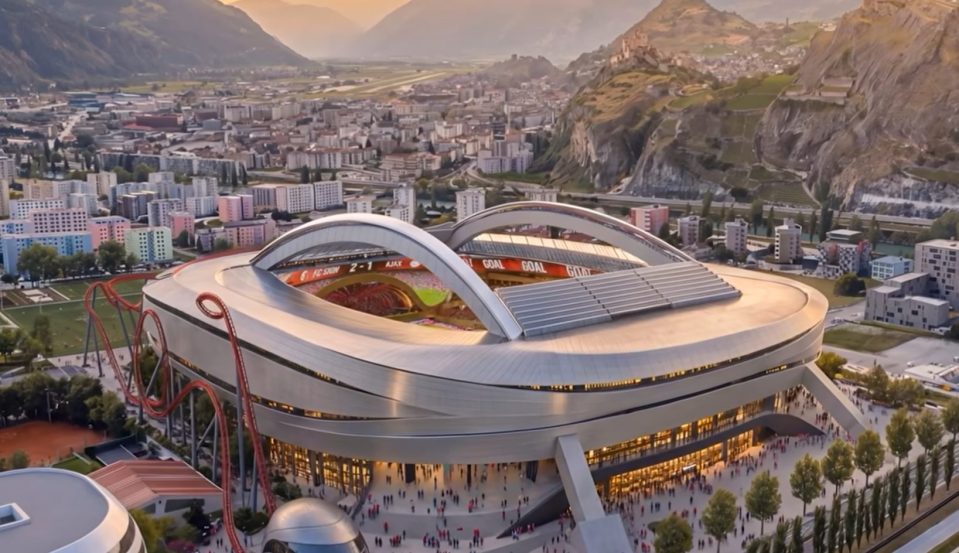 Aerial view of a futuristic Sion stadium with a rollercoaster, surrounded by a city and mountains