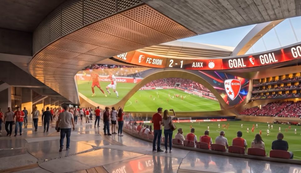Modern stadium concourse with fans watching a soccer match between FC Sion and Ajax on a large screen.