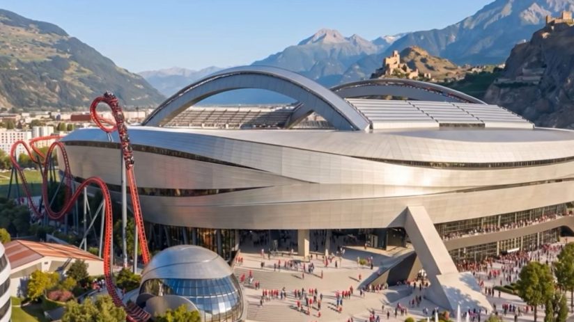 Aerial view of a modern stadium complex in Sion, Switzerland, with a red roller coaster and mountainous backdrop.