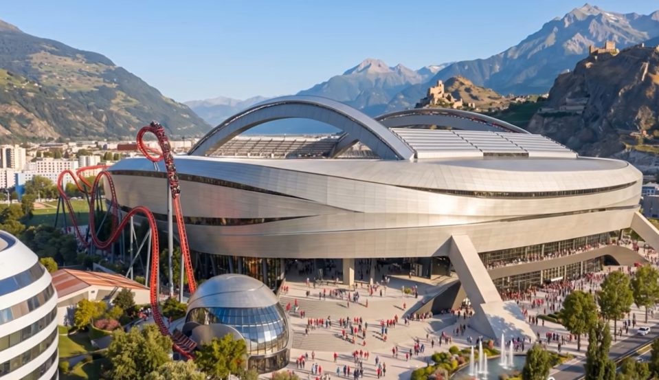 Sion 4: Modern stadium with an arched roof next to a roller coaster, surrounded by mountains and a town.