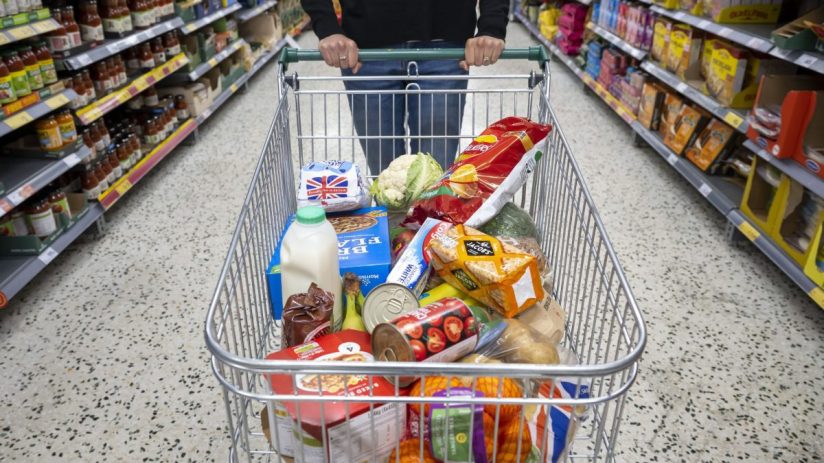 Shopper pushing a supermarket trolley full of groceries, including milk, vegetables, and packaged foods, down an aisle.