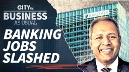 Smiling business executive with Barclays building and Banking Jobs Slashed headline.