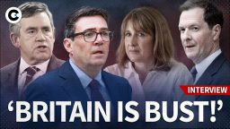 Gordon Brown, Andy Burnham, Rachel Reeves, and George Osborne with Britain Is Bust! text.