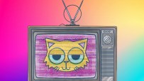 Retro television displaying a cartoon cat face with static, set against a vibrant gradient background
