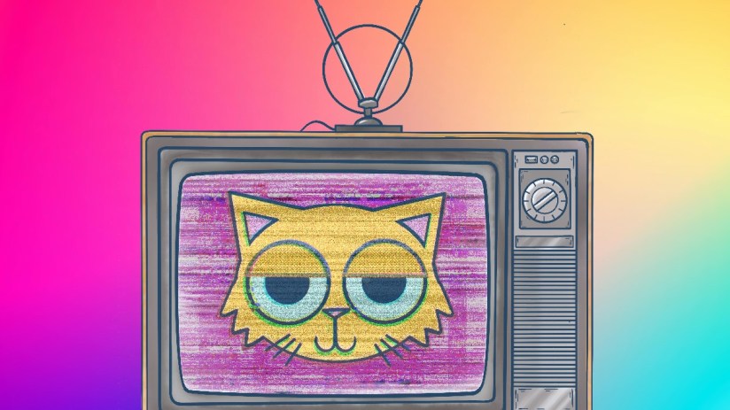 Retro television displaying a cartoon cat face with static, set against a vibrant gradient background