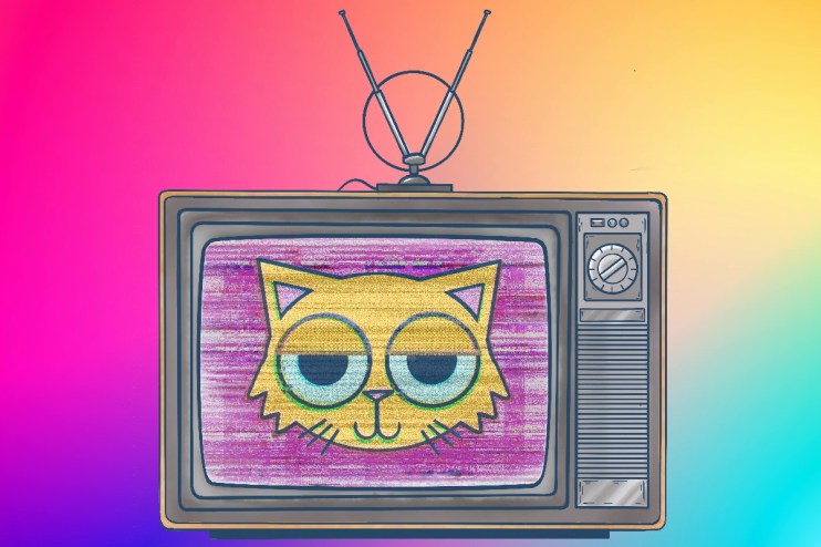 Retro television displaying a cartoon cat face with static, set against a vibrant gradient background