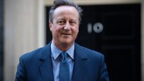 David Cameron smiling in a blue suit and tie, standing in front of the Number 10 Downing Street door.