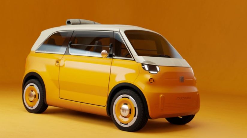Yellow and white Fiat Multiplina concept car, modern design, on an orange background