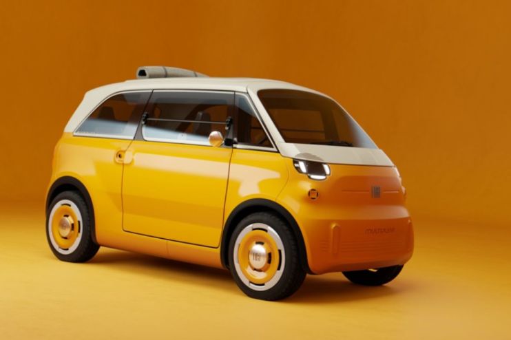 Yellow and white Fiat Multiplina concept car, modern design, on an orange background