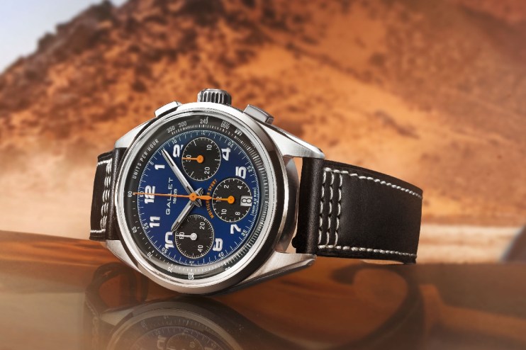 Gallet 1826 chronograph watch with blue dial, orange hands, and black leather strap