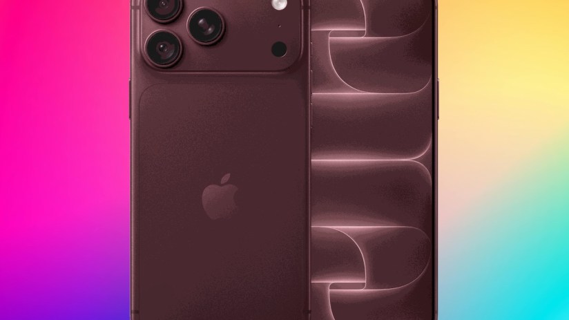 iPhone 18 Pro in a dark red or burgundy color, showing the triple camera array on the back and the full screen display.