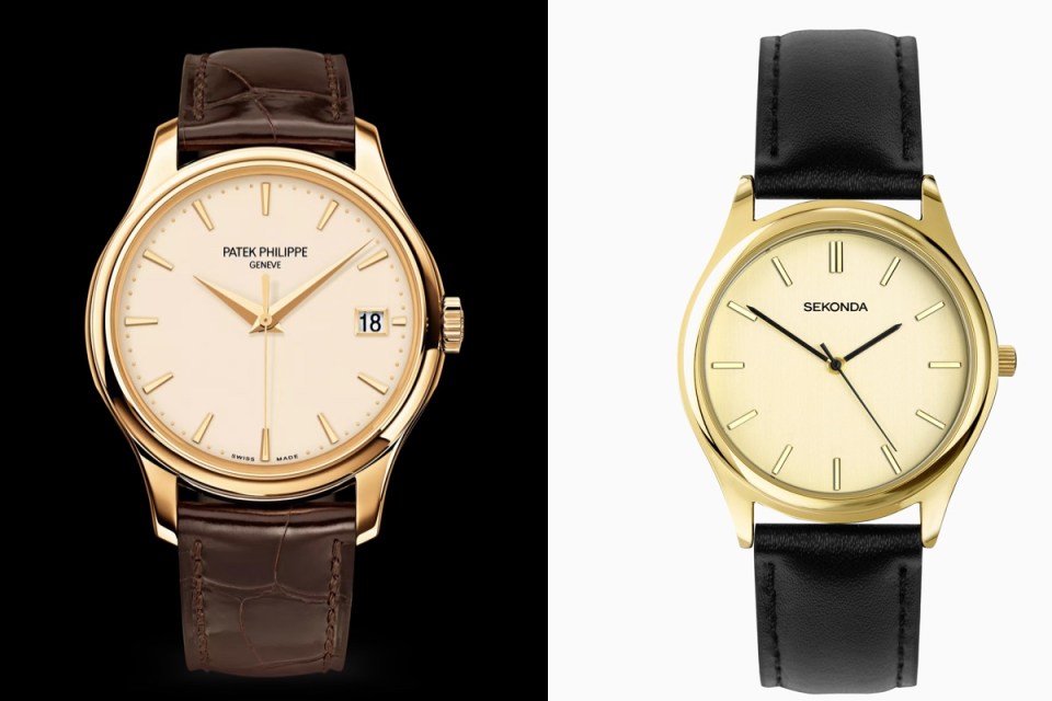 Patek Philippe and Sekonda gold watches with brown and black leather straps, comparing luxury and affordable timepieces