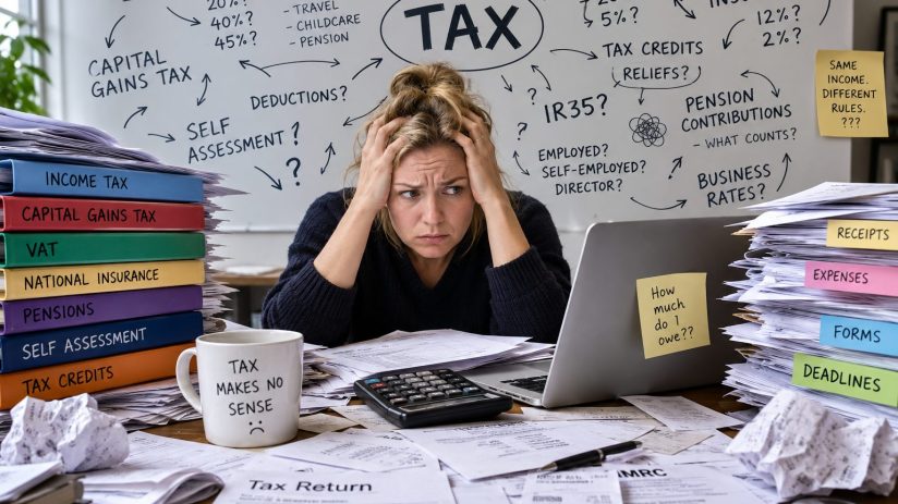 Stressed woman surrounded by tax forms, binders, and a TAX mind map on a whiteboard