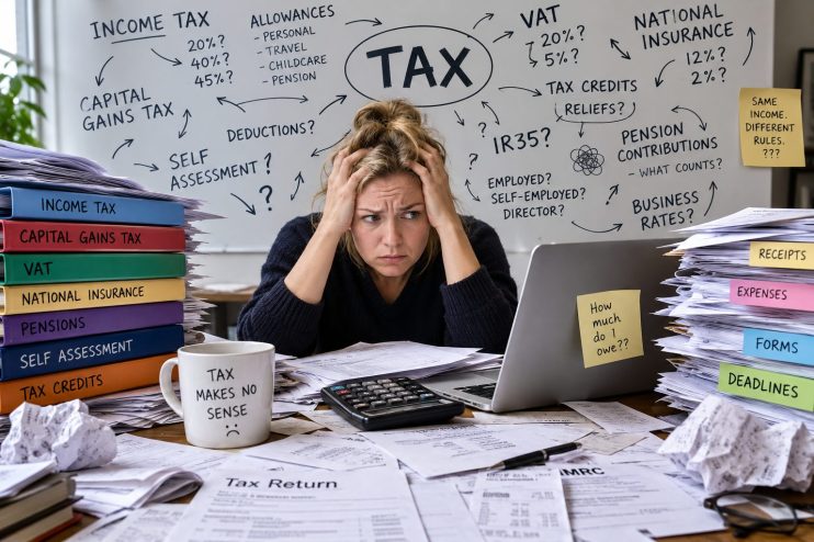 Stressed woman surrounded by tax forms, binders, and a TAX mind map on a whiteboard