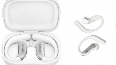 White Timekettle LiveTalk earbuds in an open charging case, with a single earbud displayed separately.